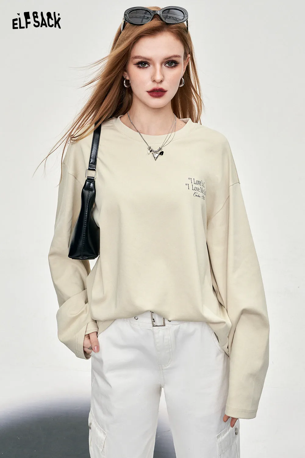 ELFSACK alphabet printing long sleeve crew neck T-shirt solid color Y2K casual loose oversize cotton top