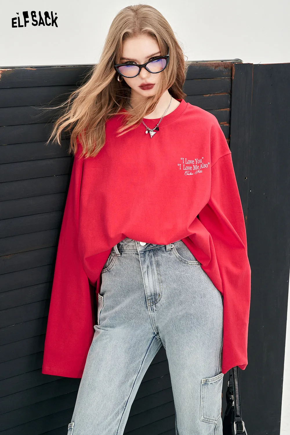 ELFSACK alphabet printing long sleeve crew neck T-shirt solid color Y2K casual loose oversize cotton top