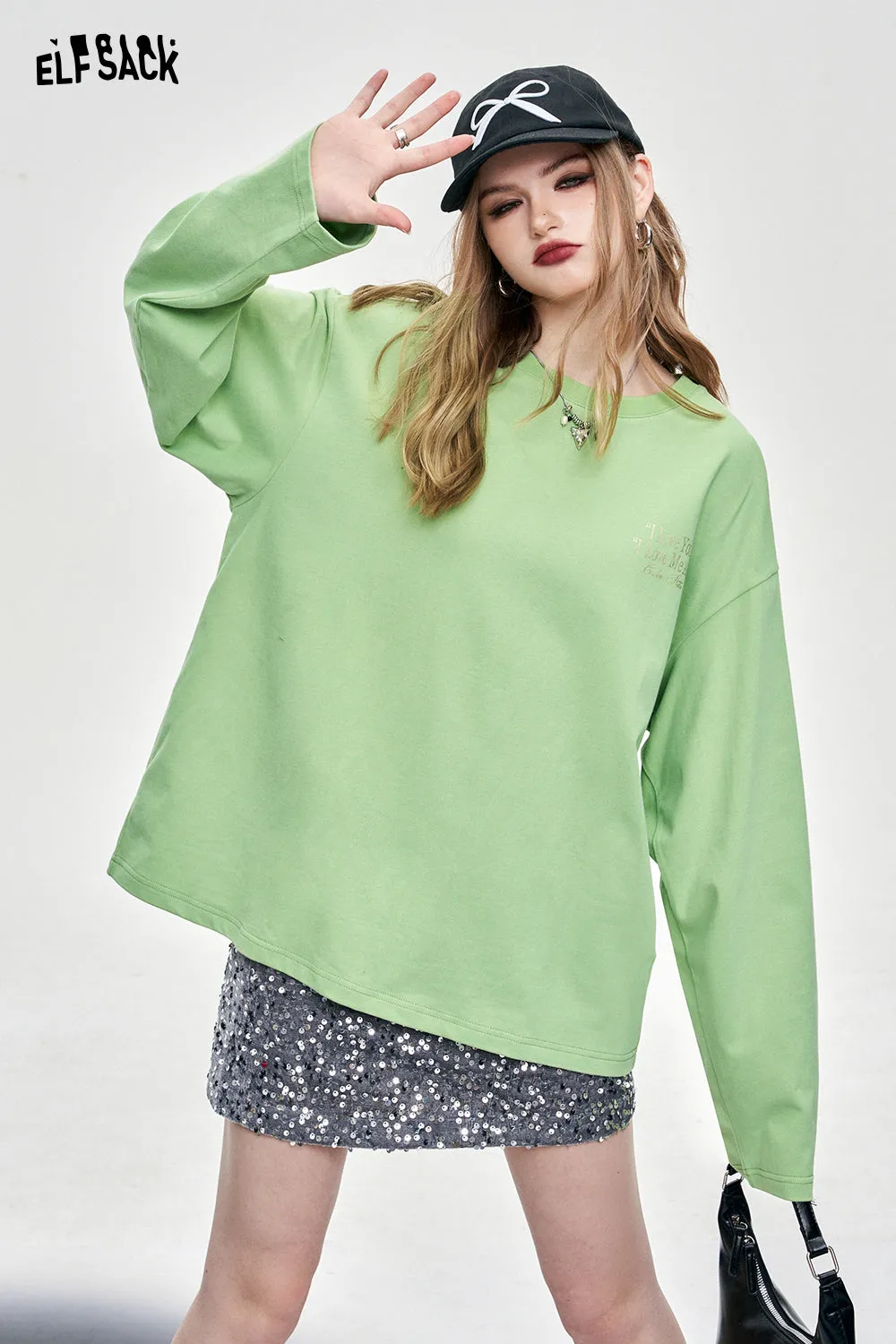 ELFSACK alphabet printing long sleeve crew neck T-shirt solid color Y2K casual loose oversize cotton top