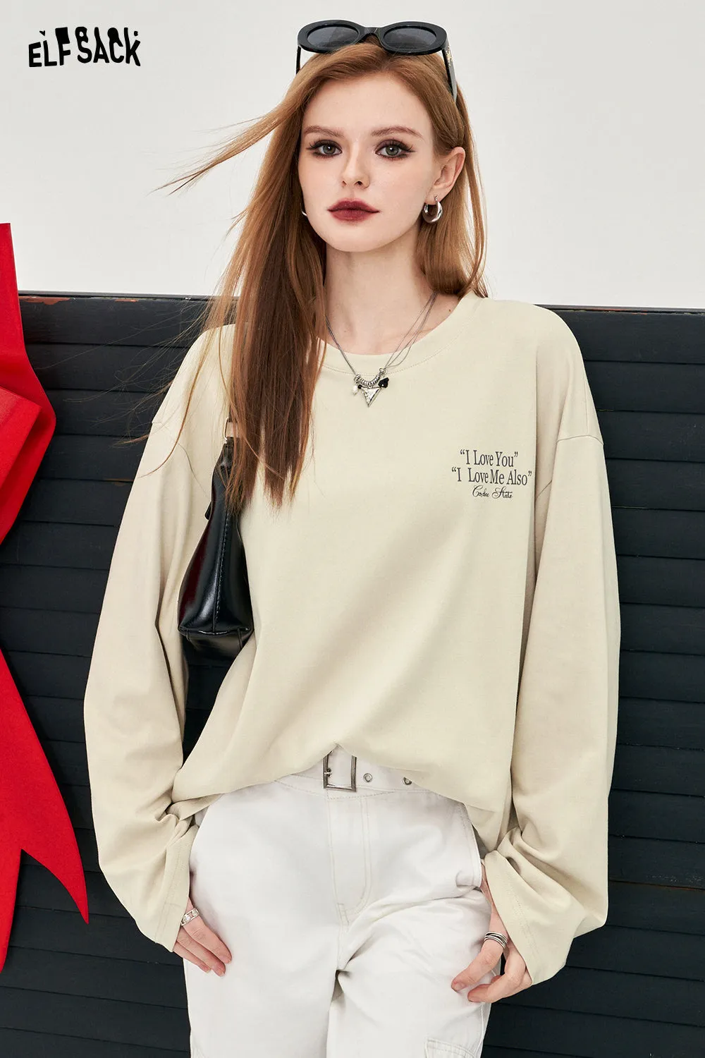 ELFSACK alphabet printing long sleeve crew neck T-shirt solid color Y2K casual loose oversize cotton top