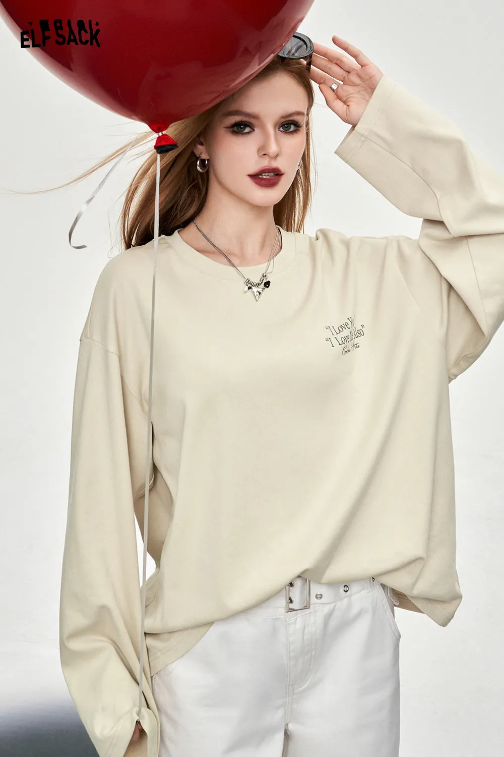 ELFSACK alphabet printing long sleeve crew neck T-shirt solid color Y2K casual loose oversize cotton top