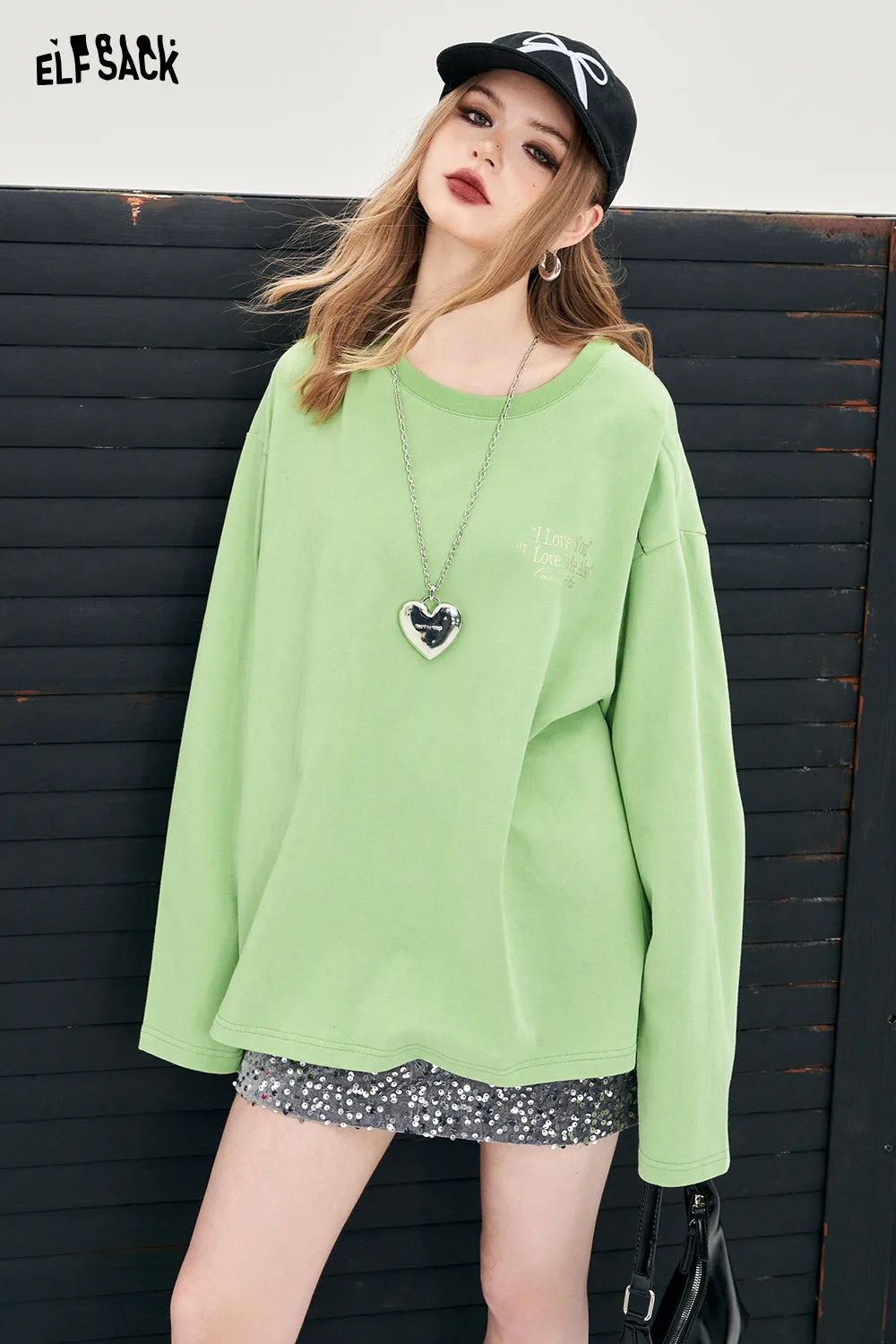 ELFSACK alphabet printing long sleeve crew neck T-shirt solid color Y2K casual loose oversize cotton top