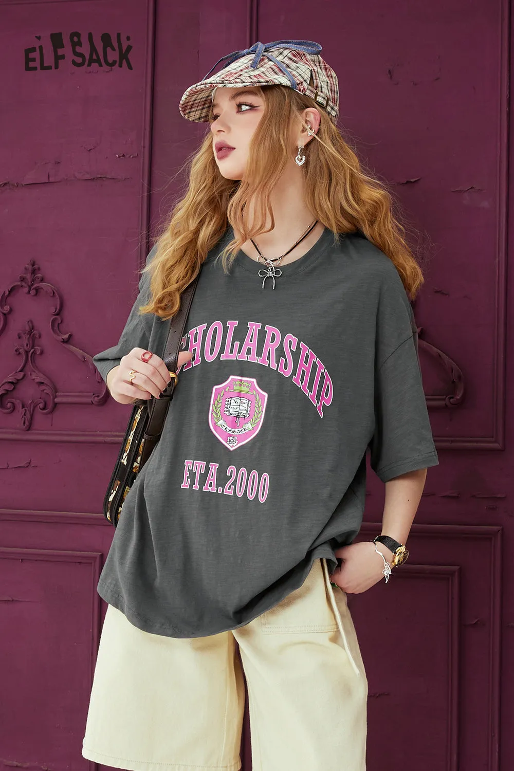 ELFSACK Printed loose white t-shirt for women's 2024 spring new college style casual slimming short sleeved top