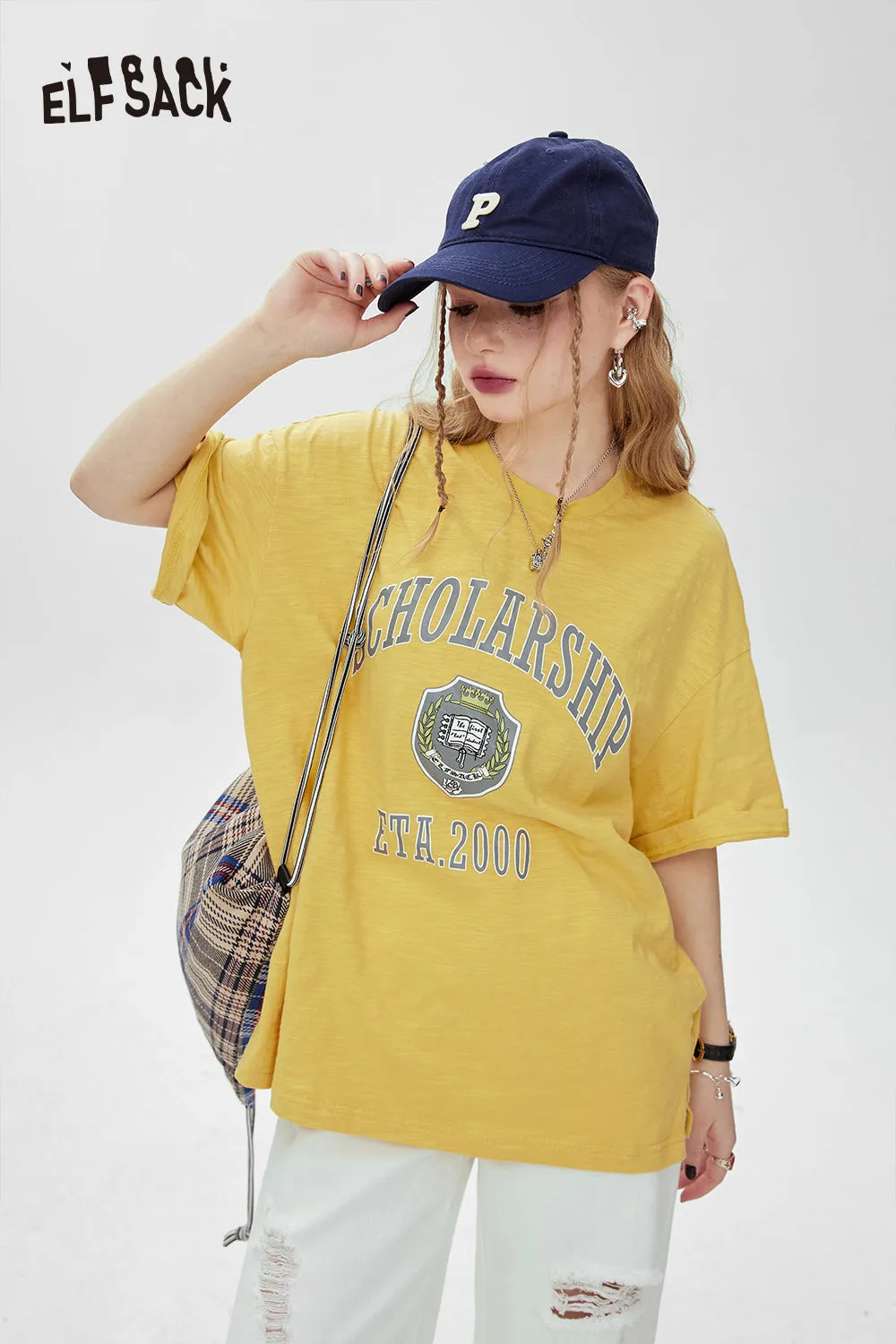 ELFSACK Printed loose white t-shirt for women's 2024 spring new college style casual slimming short sleeved top