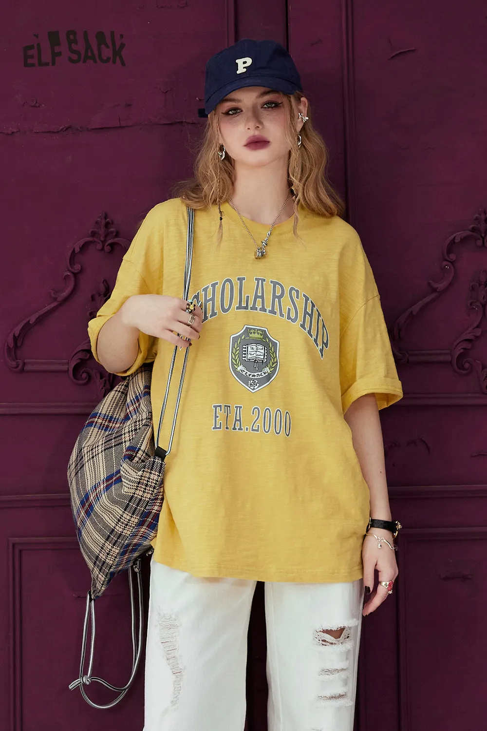 ELFSACK Printed loose white t-shirt for women's 2024 spring new college style casual slimming short sleeved top
