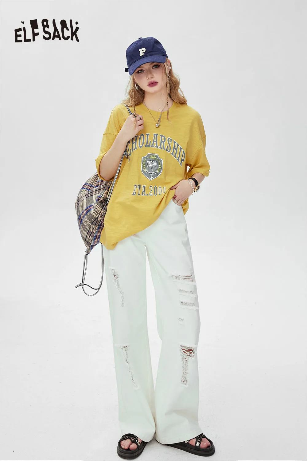 ELFSACK Printed loose white t-shirt for women's 2024 spring new college style casual slimming short sleeved top