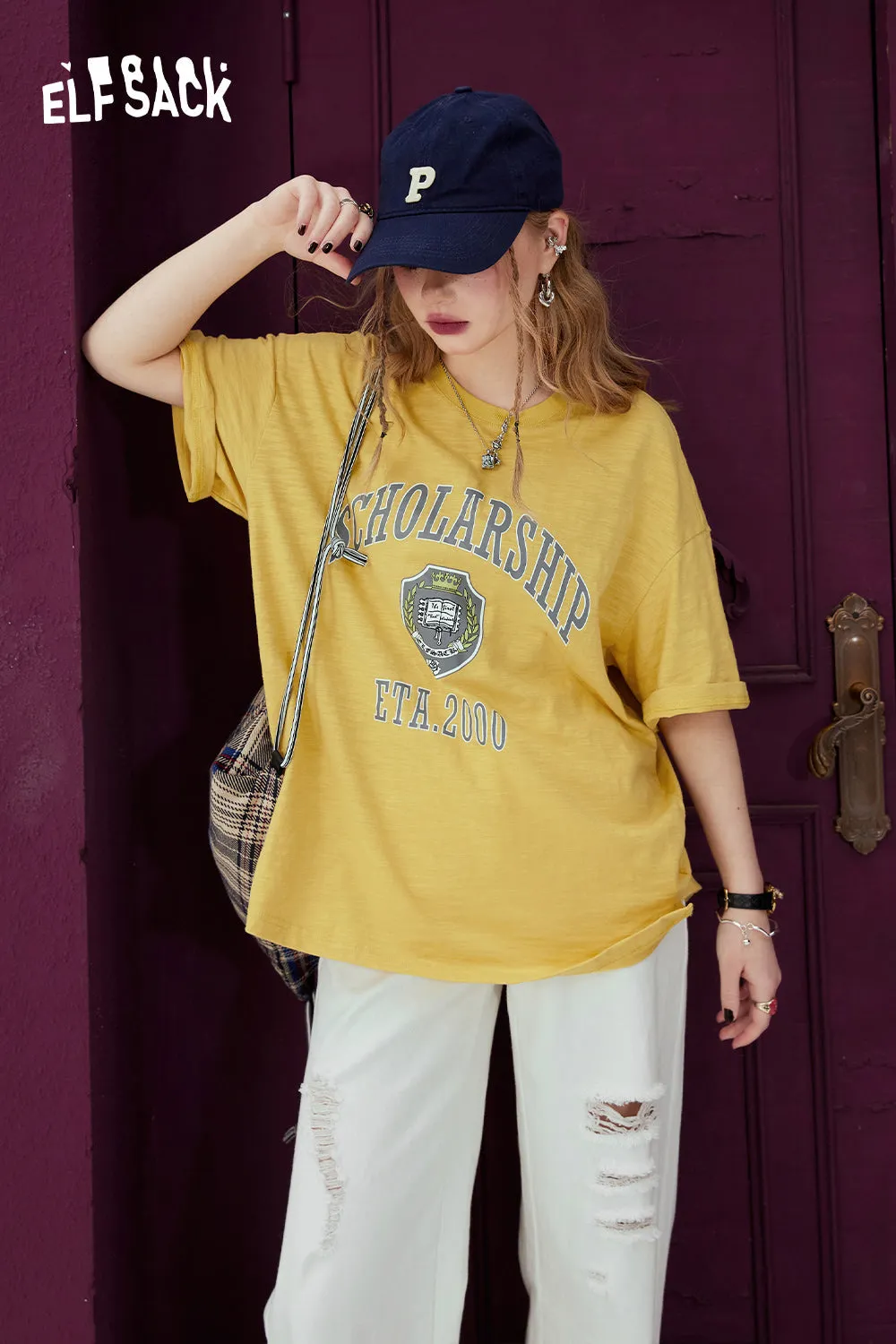 ELFSACK Printed loose white t-shirt for women's 2024 spring new college style casual slimming short sleeved top
