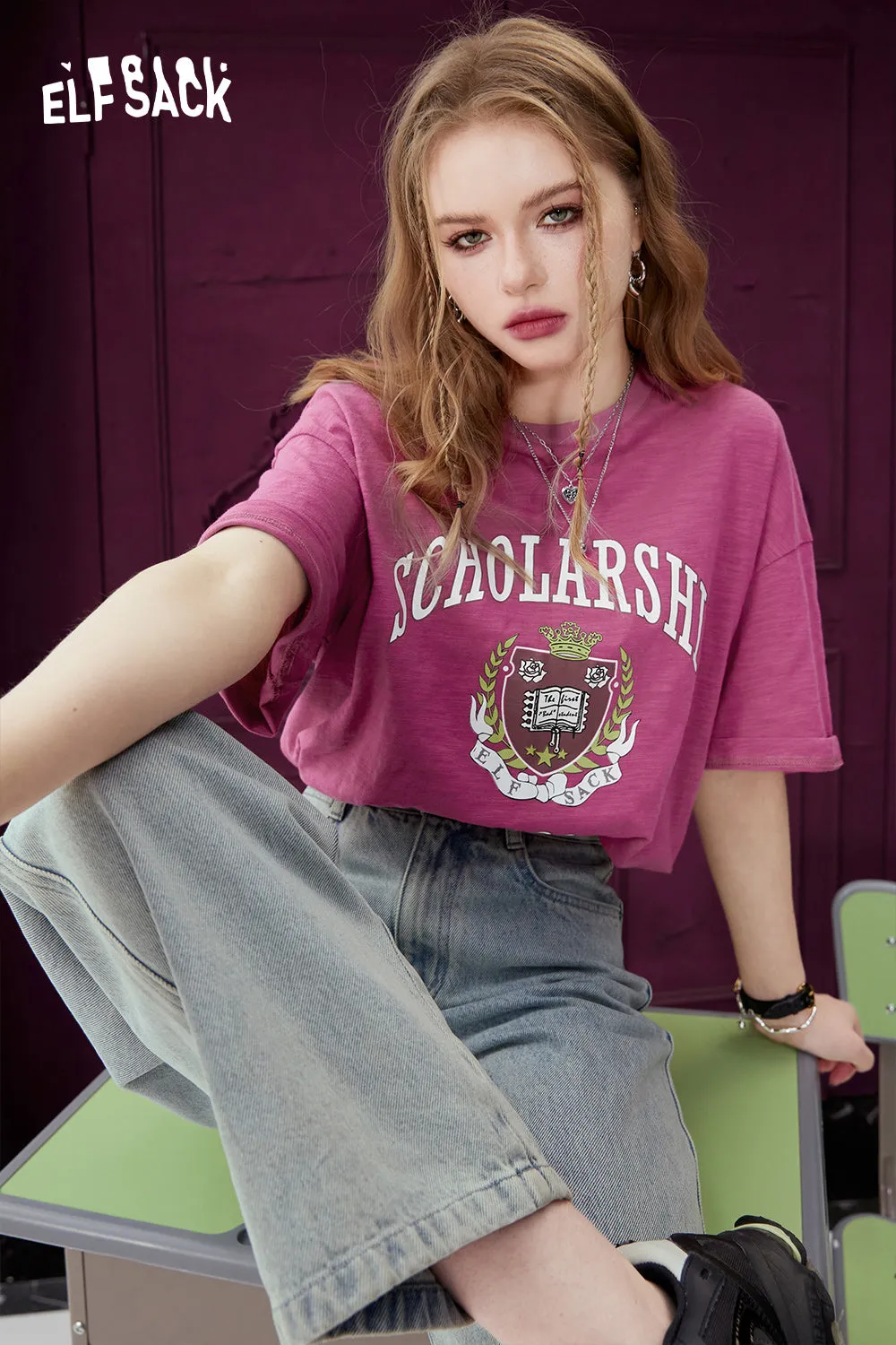 ELFSACK Printed loose white t-shirt for women's 2024 spring new college style casual slimming short sleeved top