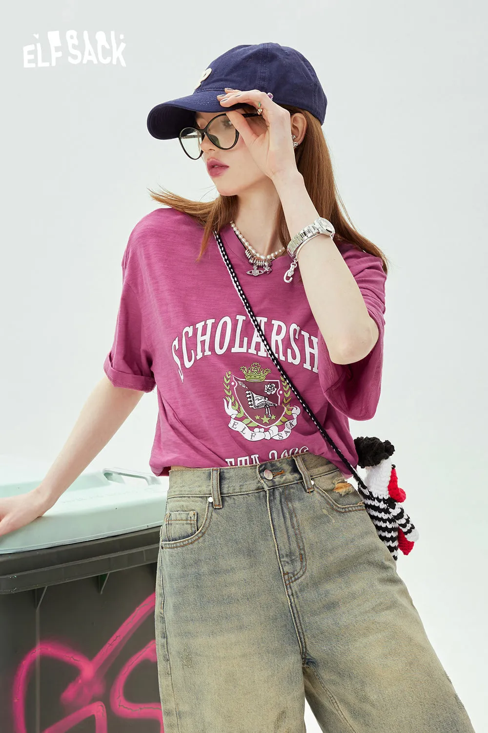 ELFSACK Printed loose white t-shirt for women's 2024 spring new college style casual slimming short sleeved top