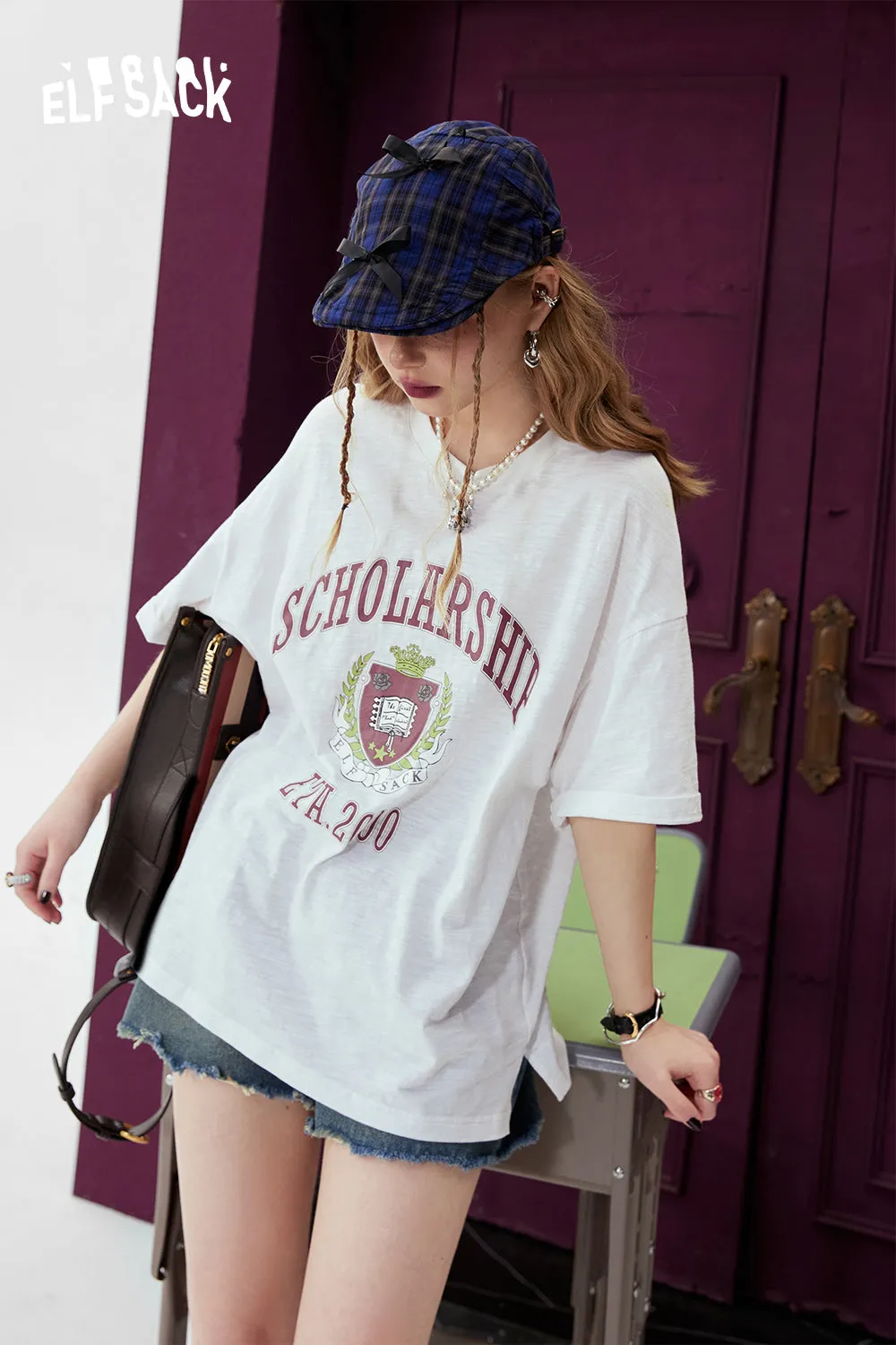 ELFSACK Printed loose white t-shirt for women's 2024 spring new college style casual slimming short sleeved top