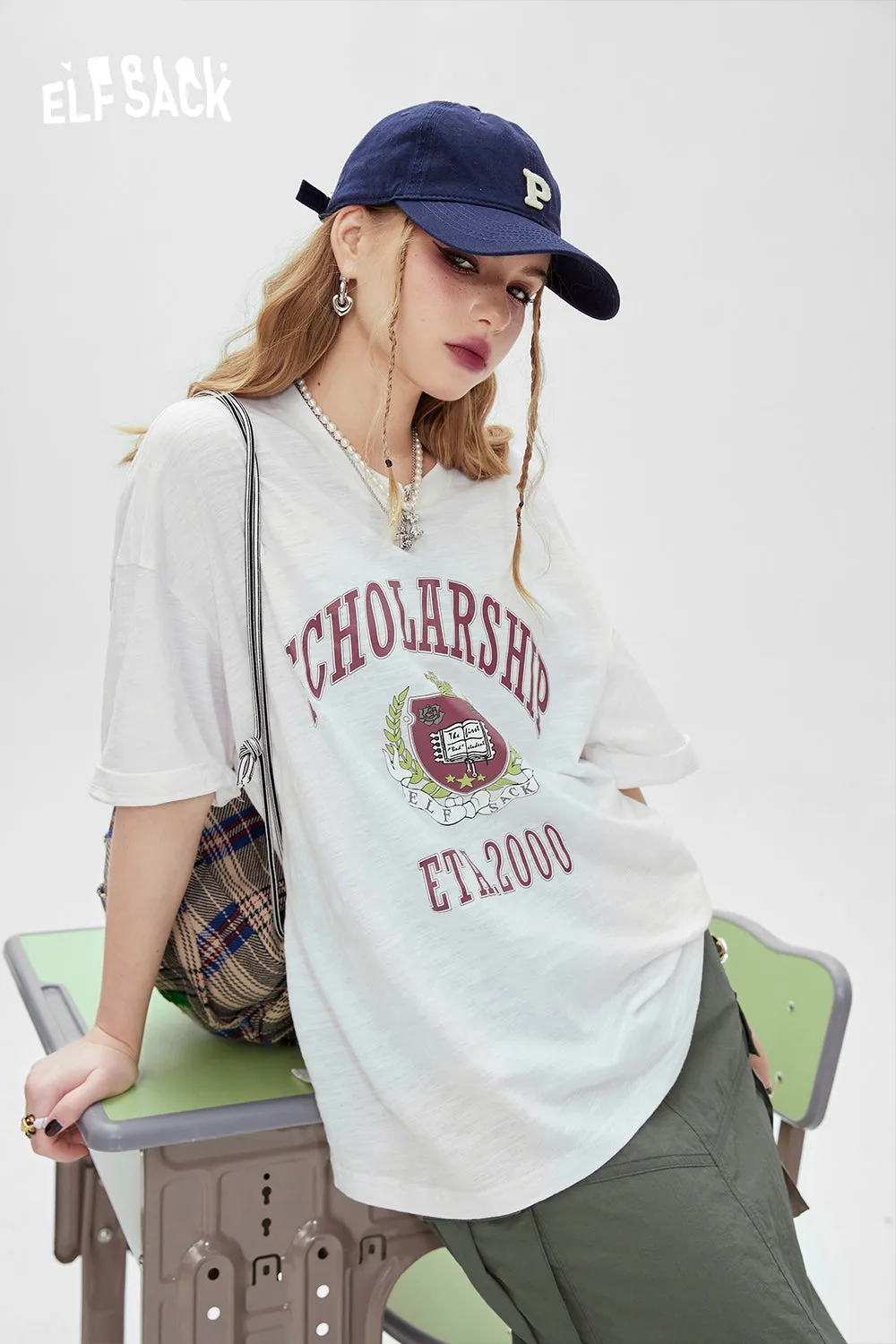 ELFSACK Printed loose white t-shirt for women's 2024 spring new college style casual slimming short sleeved top