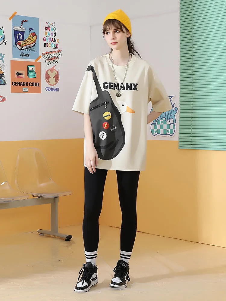 Fun Pocket Duckling shoulder Bag printed sleeved space cotton T-shirt