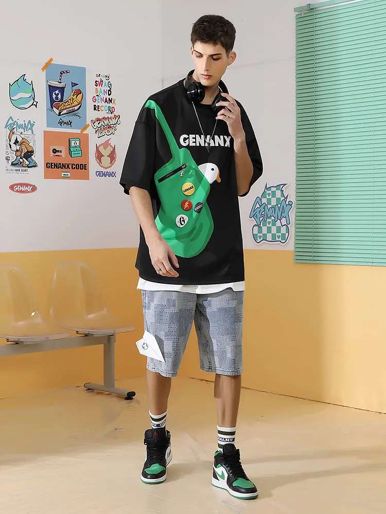 Fun Pocket Duckling shoulder Bag printed sleeved space cotton T-shirt