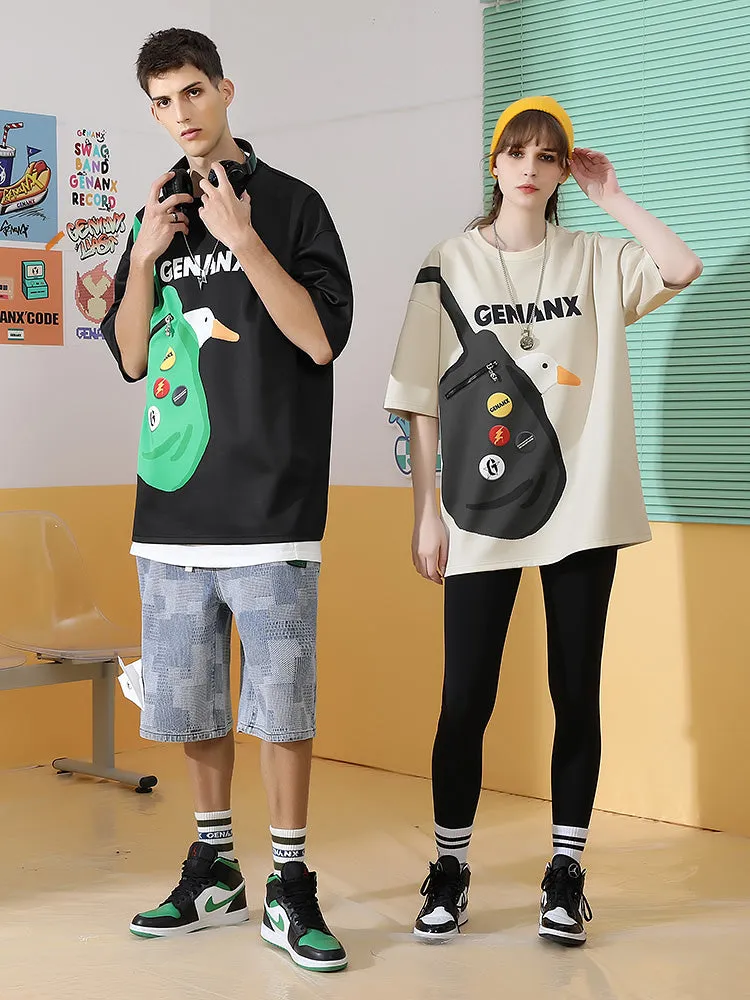 Fun Pocket Duckling shoulder Bag printed sleeved space cotton T-shirt