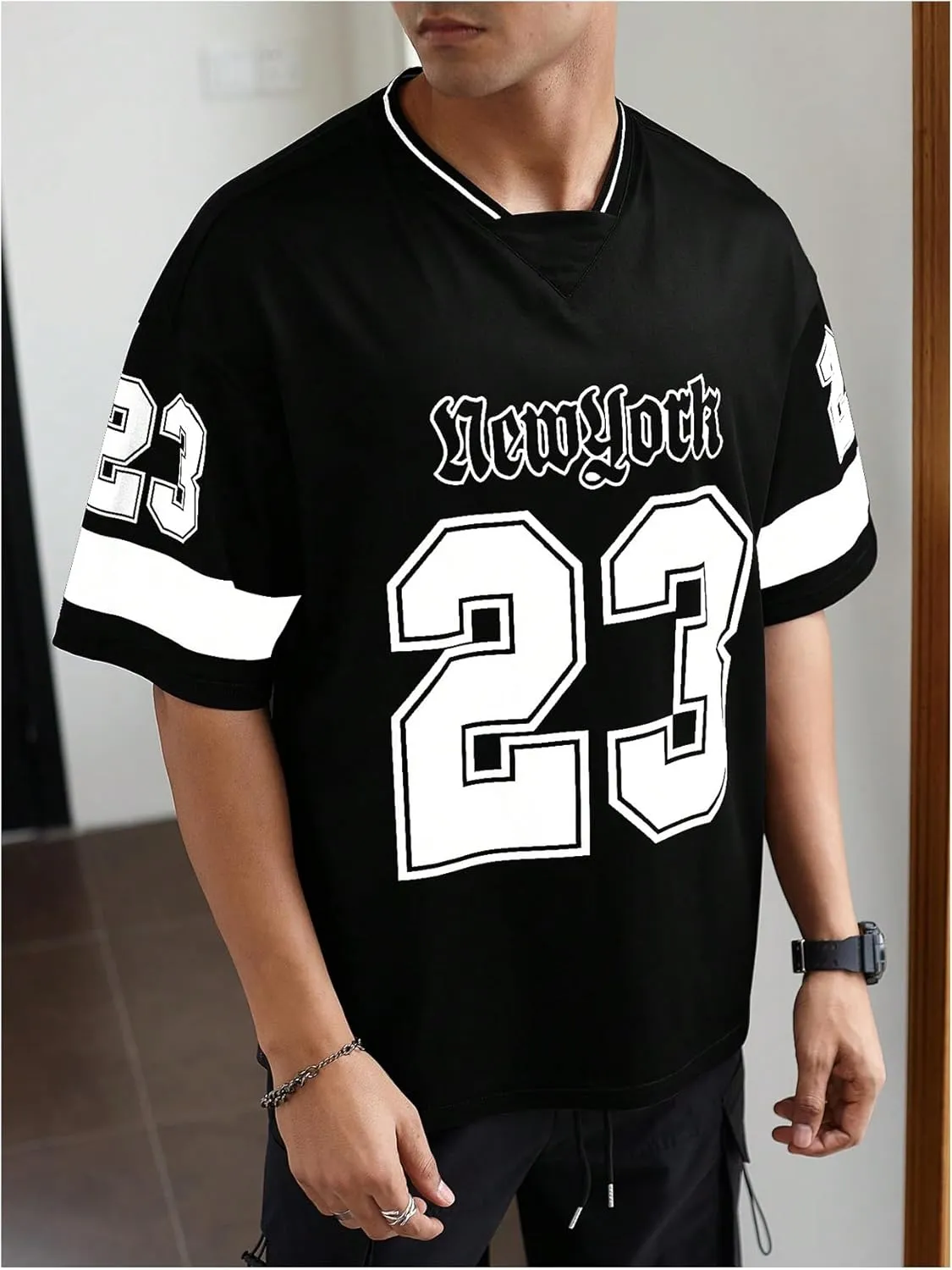 GORGLITTER Men's Letter Graphic Oversized Jersey Shirts Short Sleeve Tee Streetwear Tops