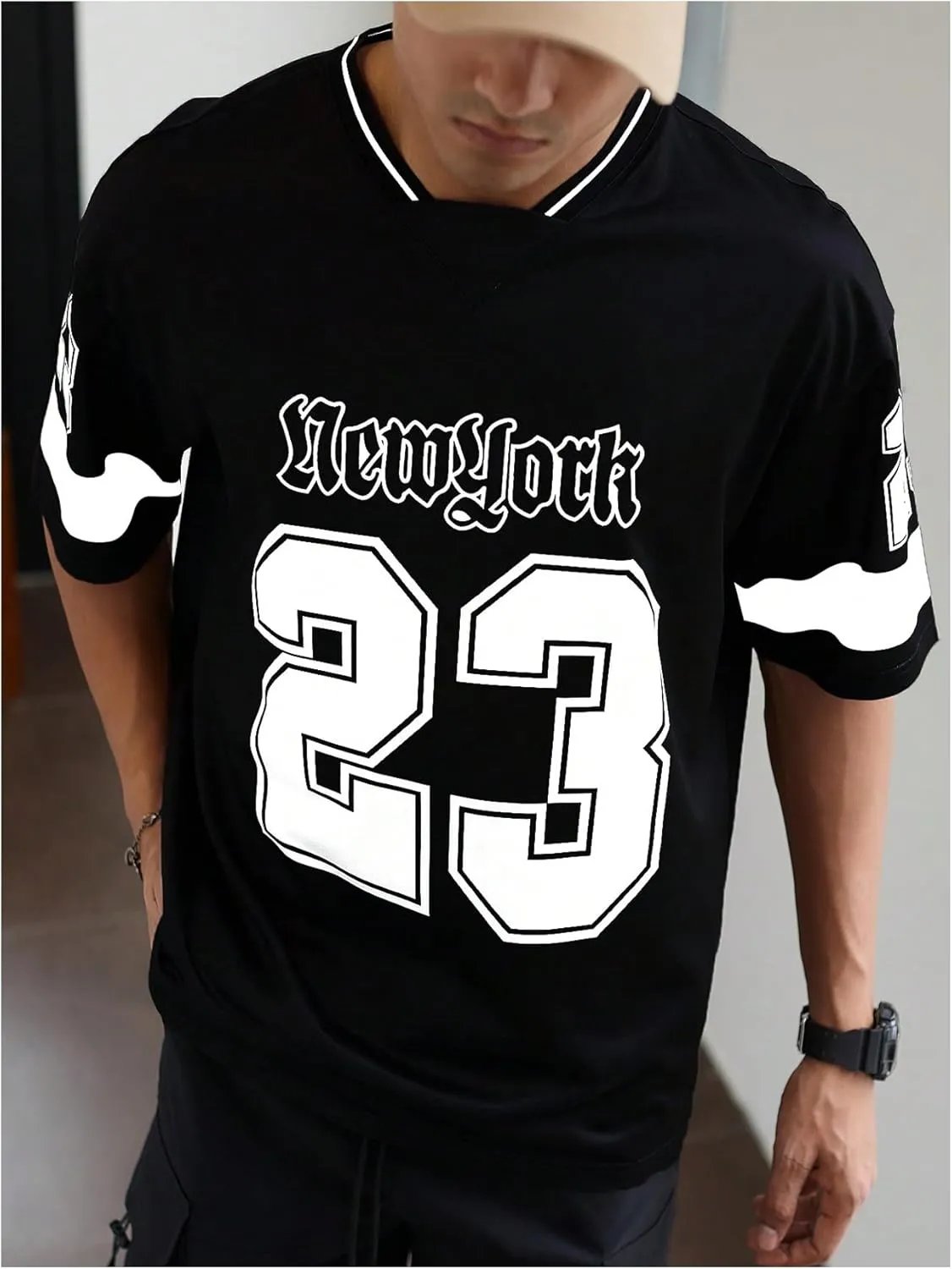 GORGLITTER Men's Letter Graphic Oversized Jersey Shirts Short Sleeve Tee Streetwear Tops
