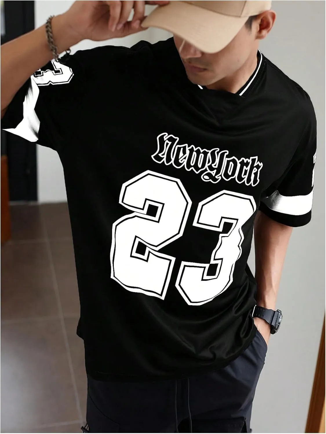 GORGLITTER Men's Letter Graphic Oversized Jersey Shirts Short Sleeve Tee Streetwear Tops