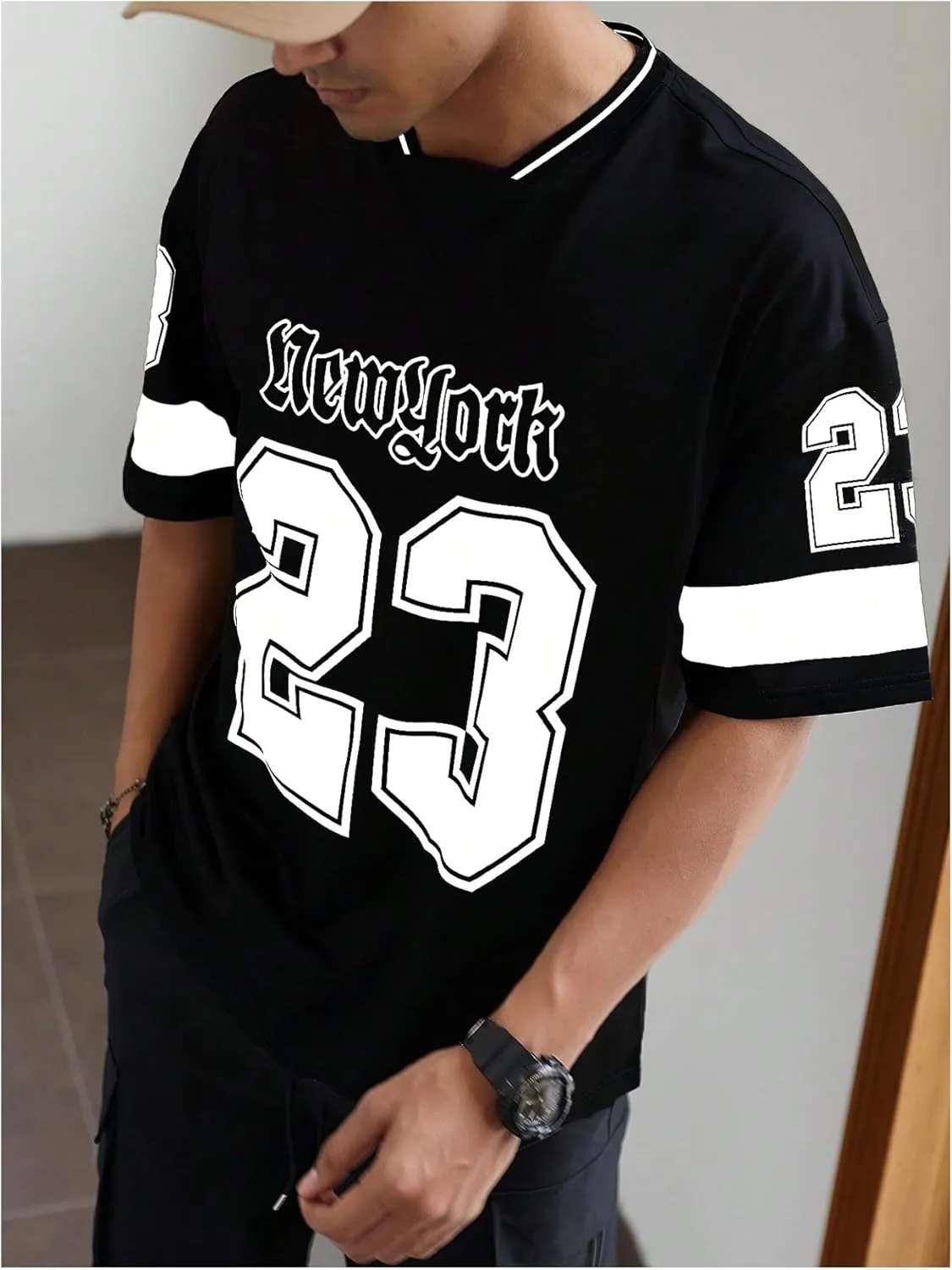 GORGLITTER Men's Letter Graphic Oversized Jersey Shirts Short Sleeve Tee Streetwear Tops