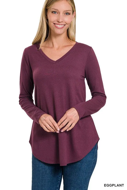 Hat TRICK rebate Long Sleeve V-Neck Round Hem Top