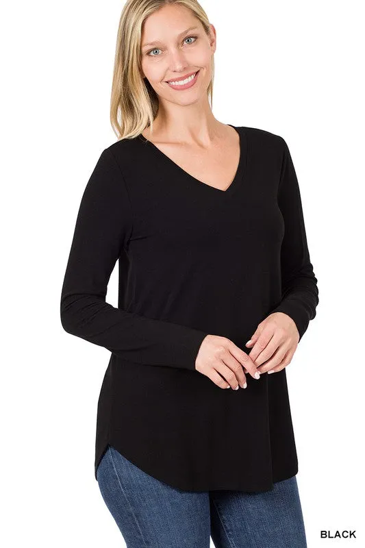 Hat TRICK rebate Long Sleeve V-Neck Round Hem Top