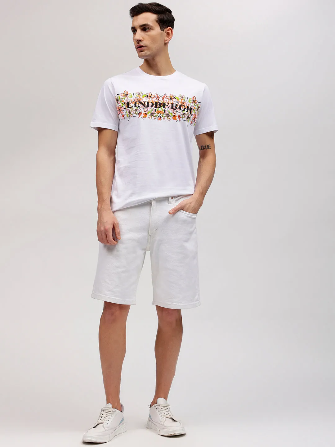 Lindbergh Men White Floral Print Round Neck Short Sleeves T-shirt