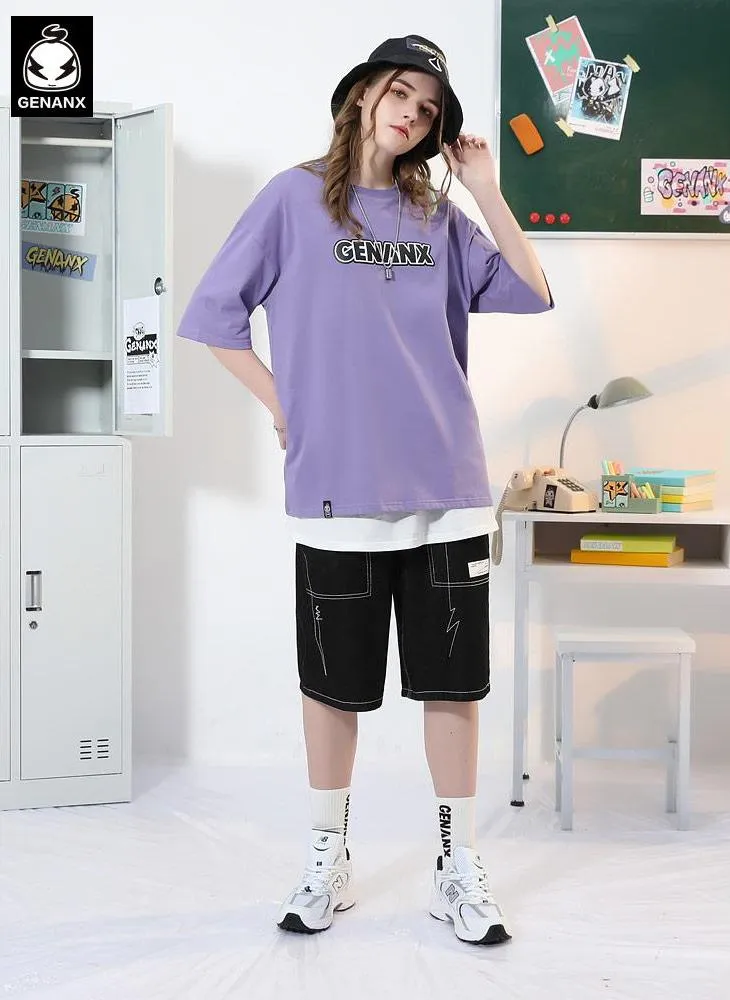 Minimalist Letter Print Drop-Shoulder Sleeve Cotton T-Shirt
