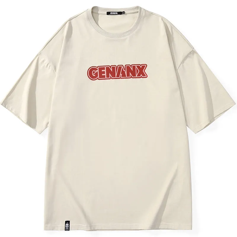 Minimalist Letter Print Drop-Shoulder Sleeve Cotton T-Shirt