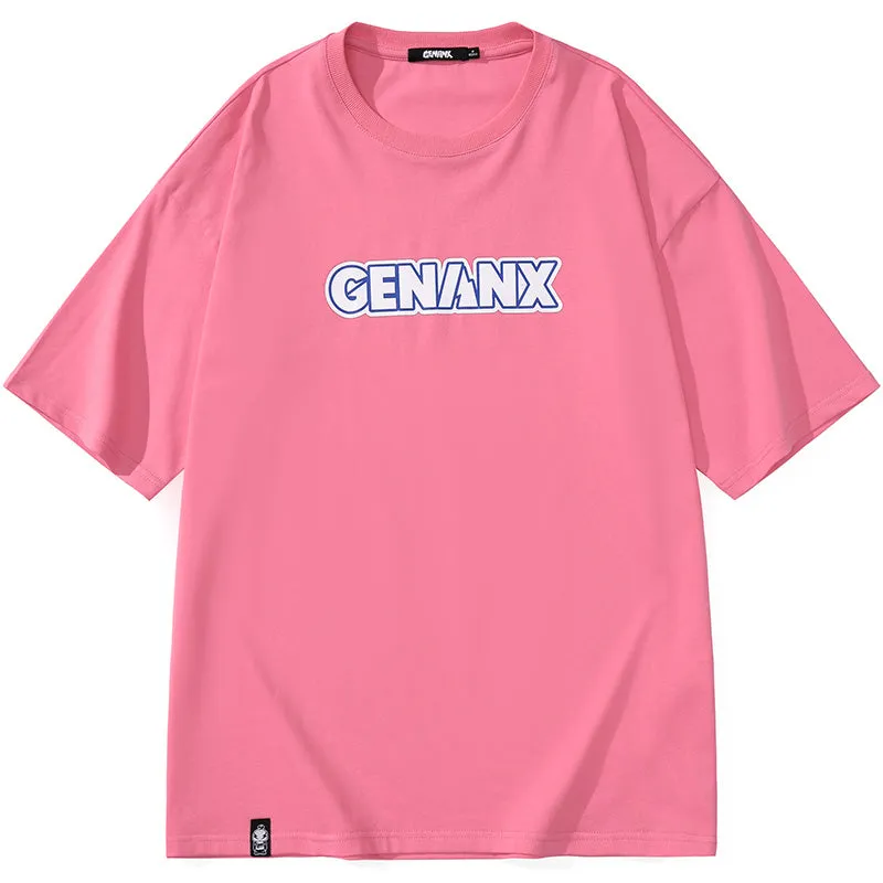 Minimalist Letter Print Drop-Shoulder Sleeve Cotton T-Shirt
