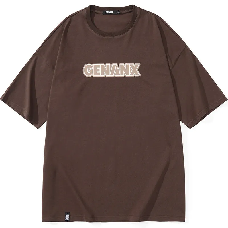 Minimalist Letter Print Drop-Shoulder Sleeve Cotton T-Shirt