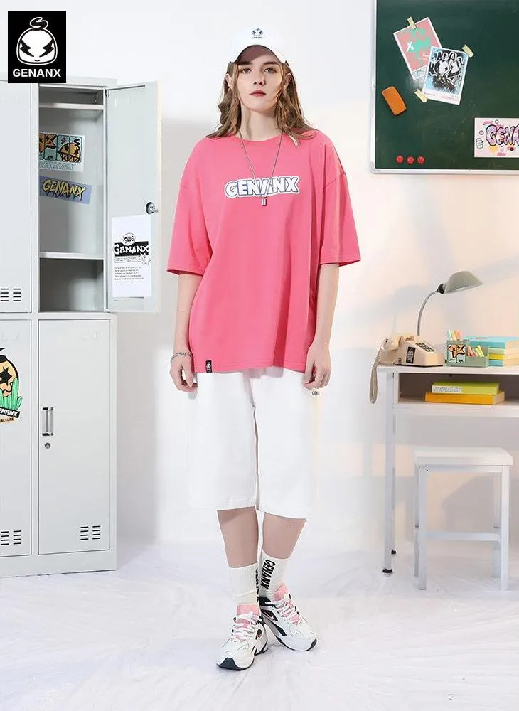 Minimalist Letter Print Drop-Shoulder Sleeve Cotton T-Shirt