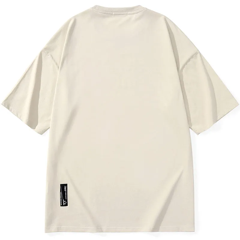 Minimalist Letter Print Drop-Shoulder Sleeve Cotton T-Shirt