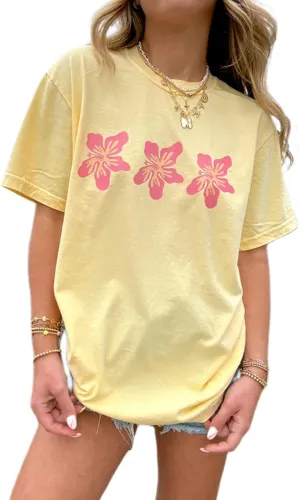 Oversized Graphic Shirt for Teens Girl Y2K Floral Short Sleeve Baggy Tee Shirts Vintage Aesthetic Coastal Tops
