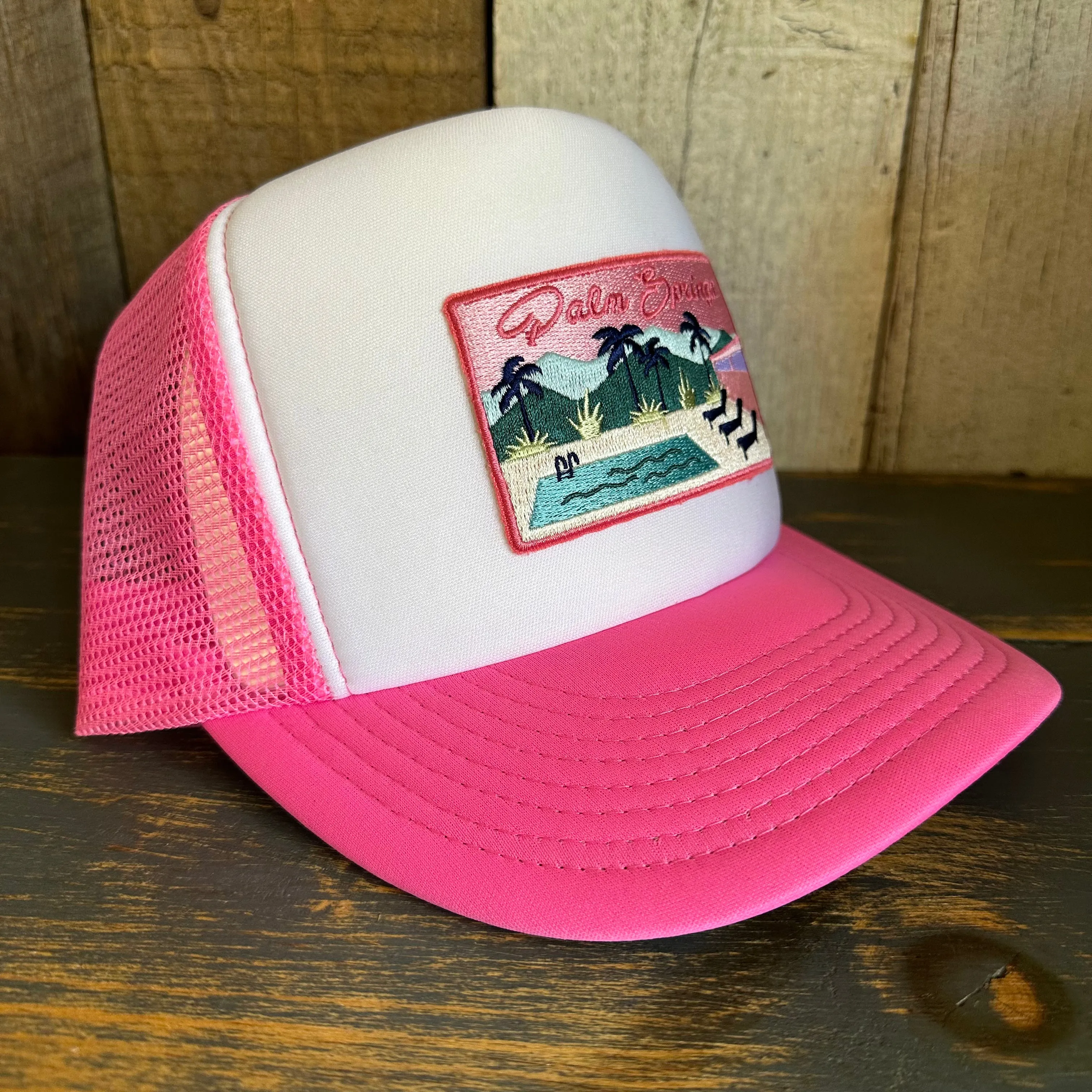 PALM SPRINGS, CALIFORNIA High Crown 5 Panel Trucker Cap, Foam/Mesh - Neon Pink/White