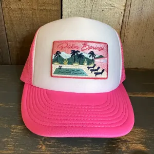 PALM SPRINGS, CALIFORNIA High Crown 5 Panel Trucker Cap, Foam/Mesh - Neon Pink/White