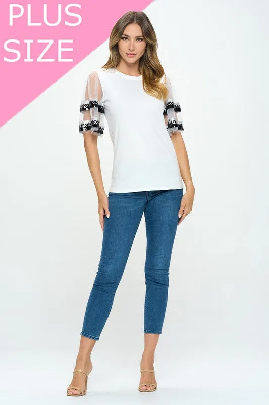 Sequenced Shiny Detail sleeve Shoulder cut top