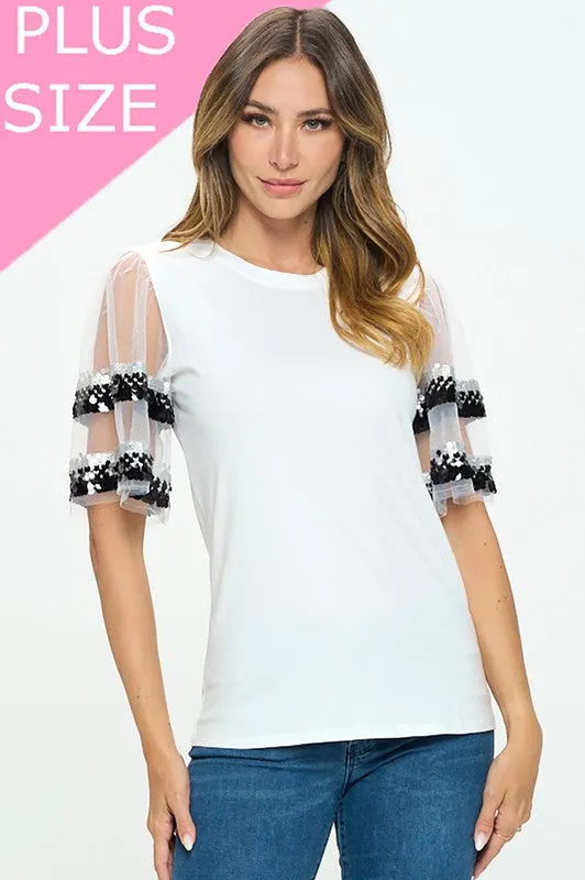 Sequenced Shiny Detail sleeve Shoulder cut top