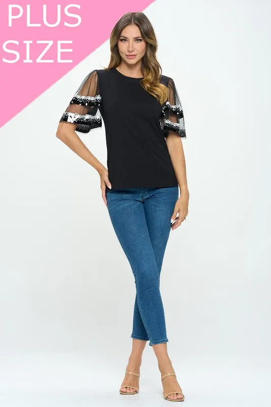 Sequenced Shiny Detail sleeve Shoulder cut top