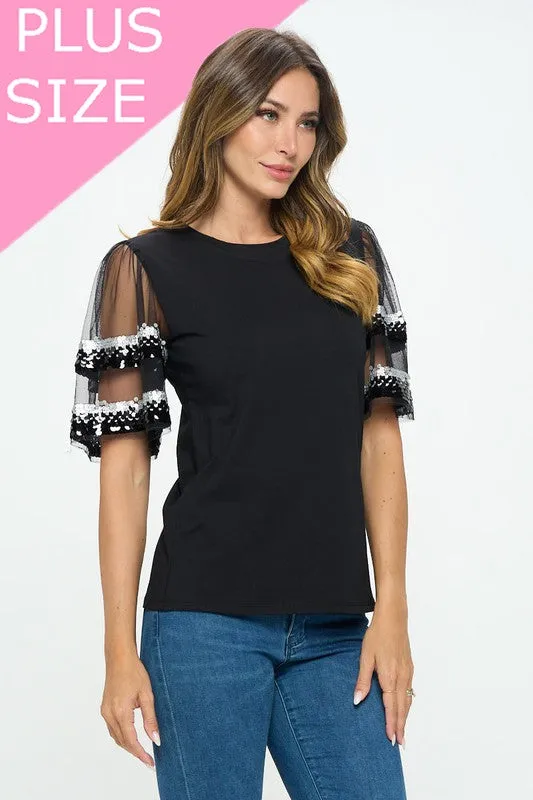 Sequenced Shiny Detail sleeve Shoulder cut top