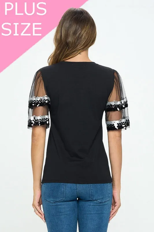 Sequenced Shiny Detail sleeve Shoulder cut top