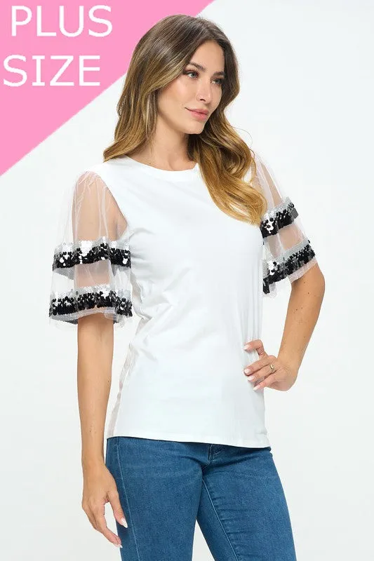 Sequenced Shiny Detail sleeve Shoulder cut top