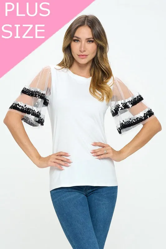 Sequenced Shiny Detail sleeve Shoulder cut top
