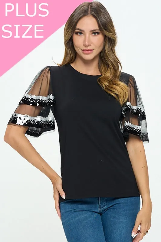 Sequenced Shiny Detail sleeve Shoulder cut top
