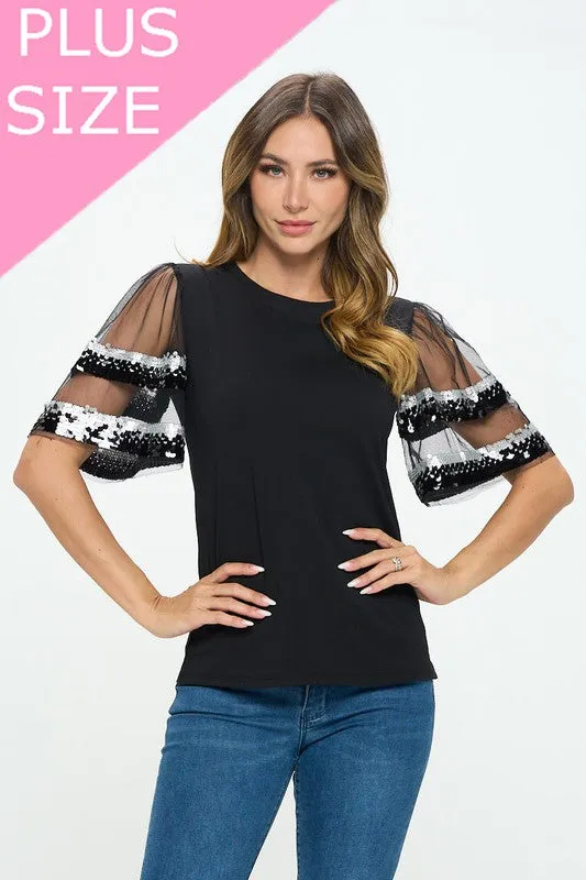 Sequenced Shiny Detail sleeve Shoulder cut top