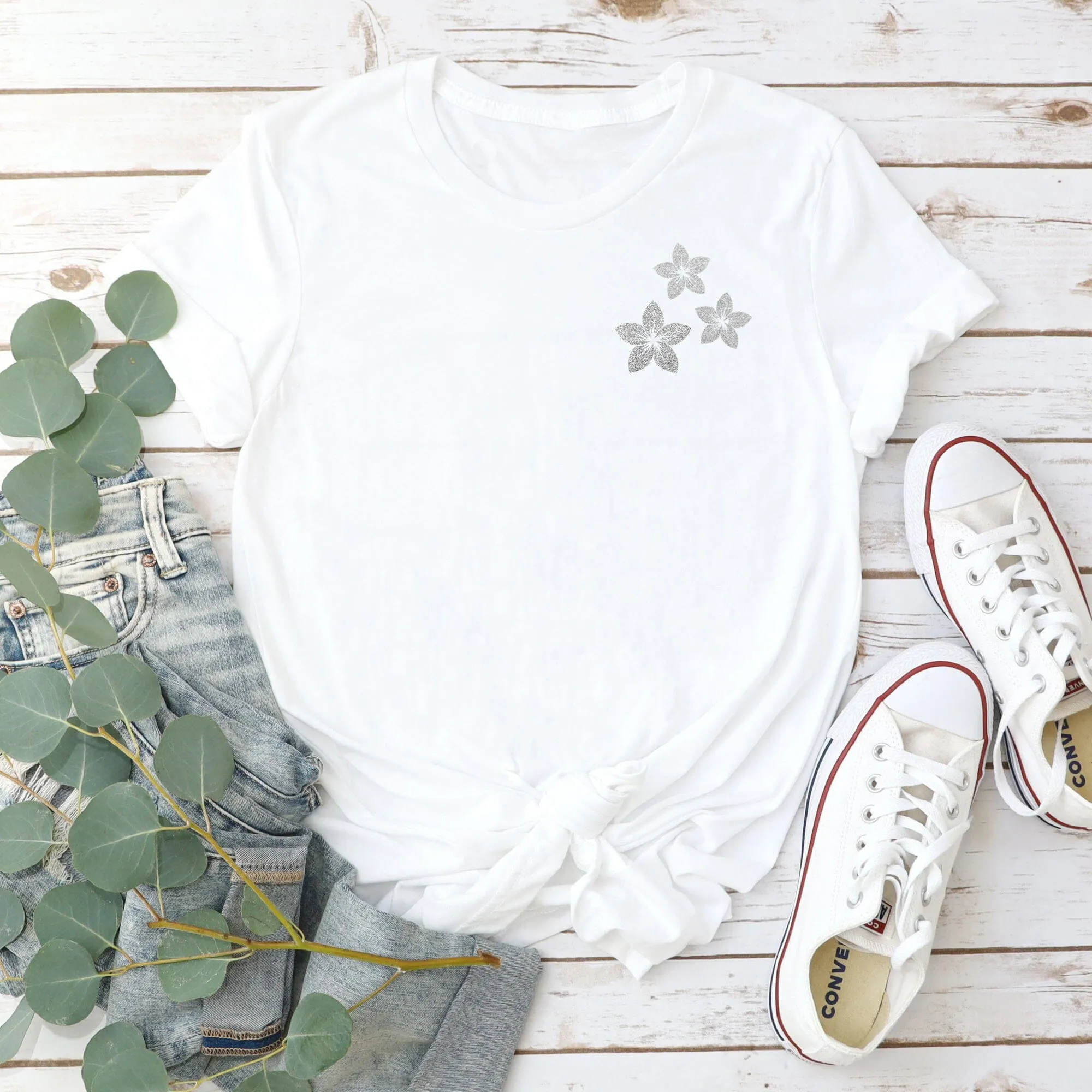 Silver Tropical Flowers Ladies T Shirt