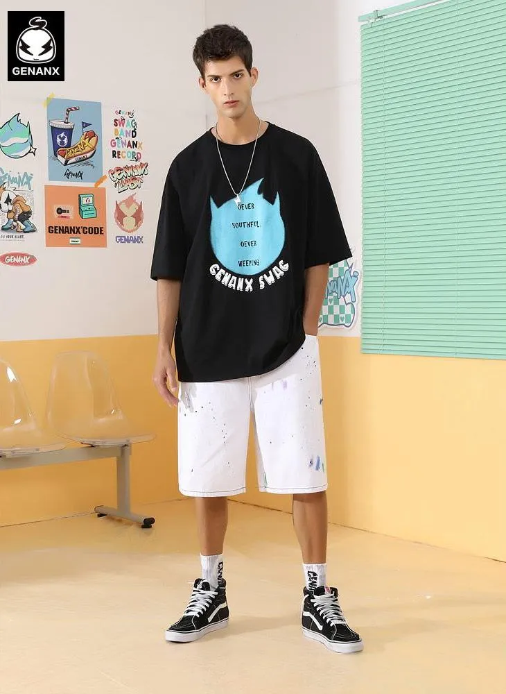 Simple Print Drop-Shoulder Sleeve Cotton T-Shirt