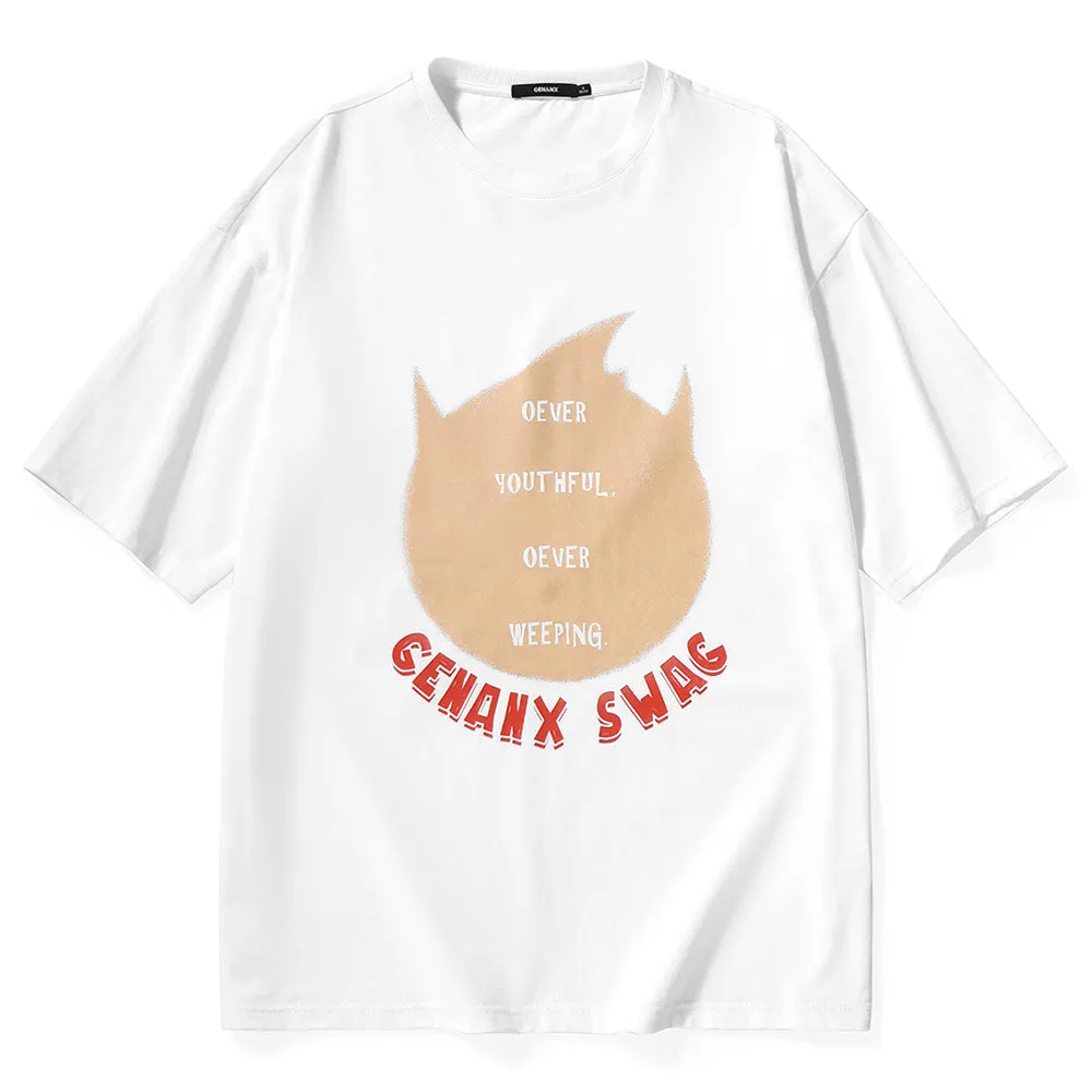 Simple Print Drop-Shoulder Sleeve Cotton T-Shirt