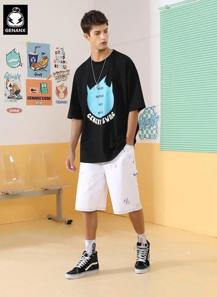 Simple Print Drop-Shoulder Sleeve Cotton T-Shirt
