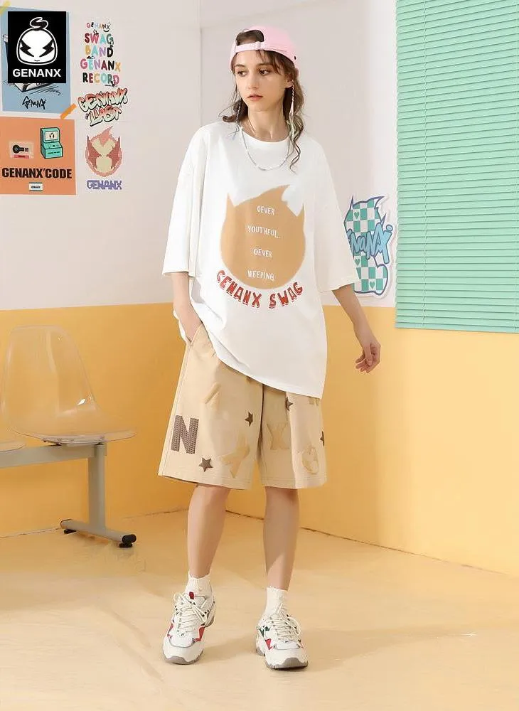 Simple Print Drop-Shoulder Sleeve Cotton T-Shirt