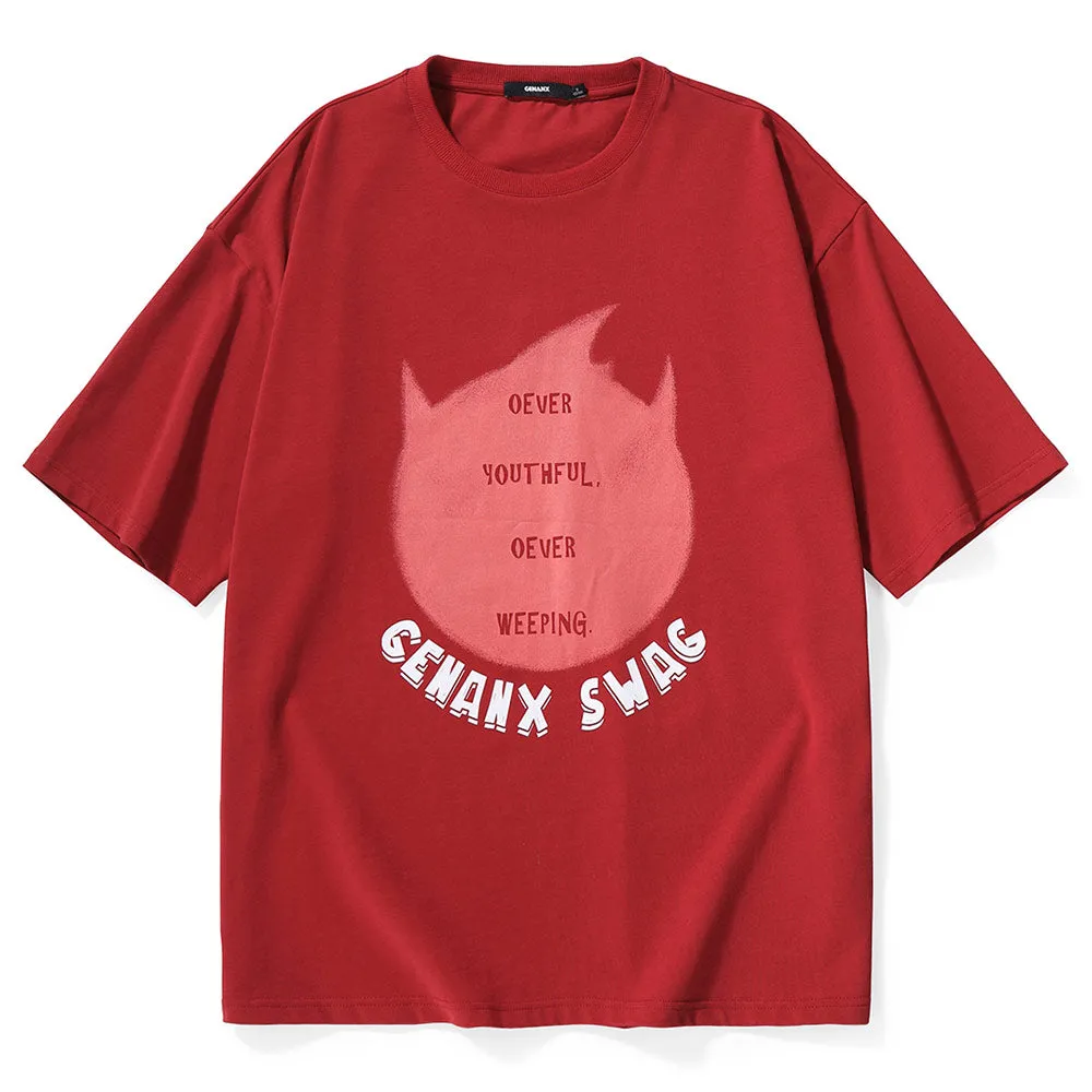 Simple Print Drop-Shoulder Sleeve Cotton T-Shirt