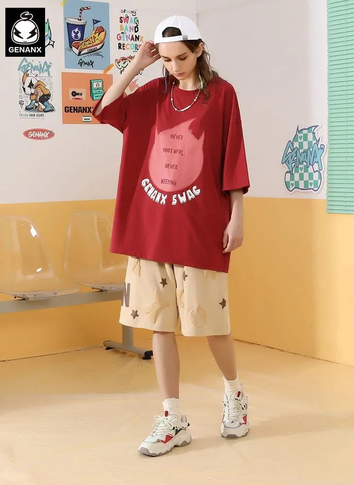 Simple Print Drop-Shoulder Sleeve Cotton T-Shirt